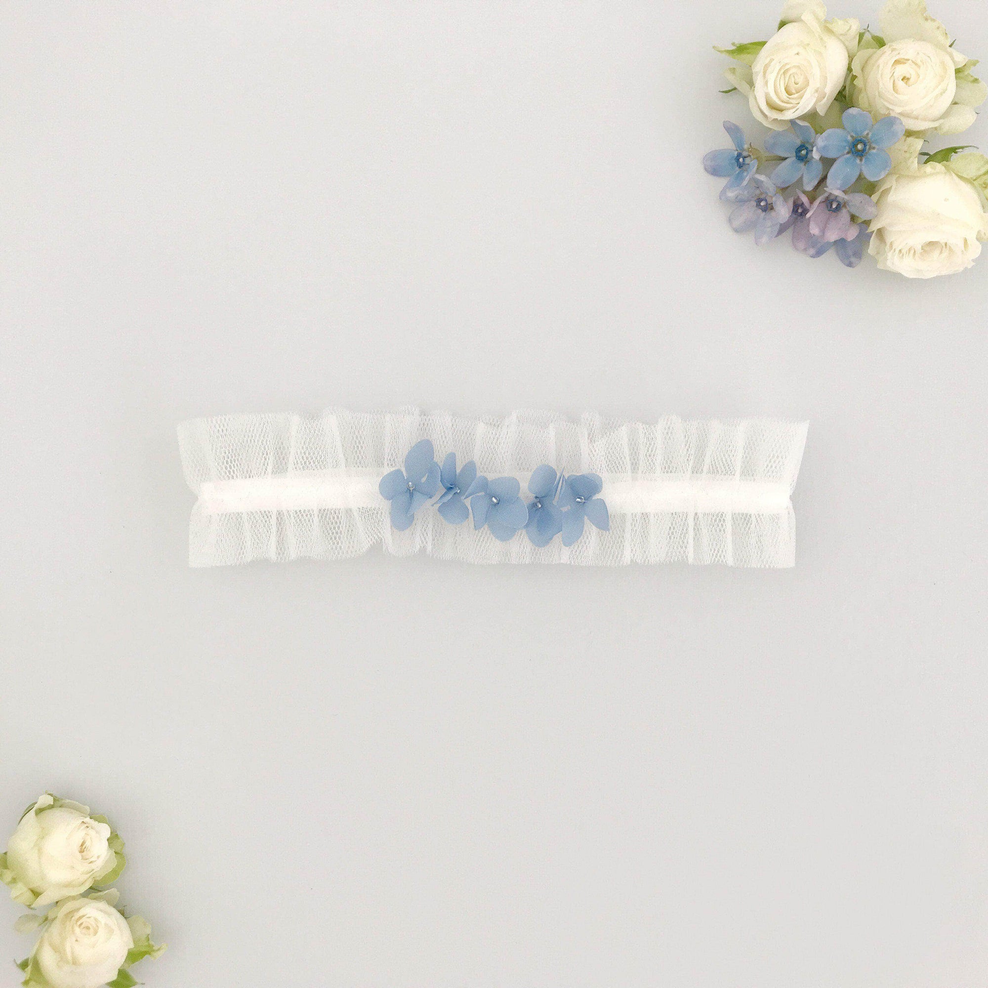 Wedding Garter Off white with cornflower blue flowers / Extra small 35-40cm (13.5-16 inch) Tulle wedding garter with 'something blue' flowers- 'Bluebell'