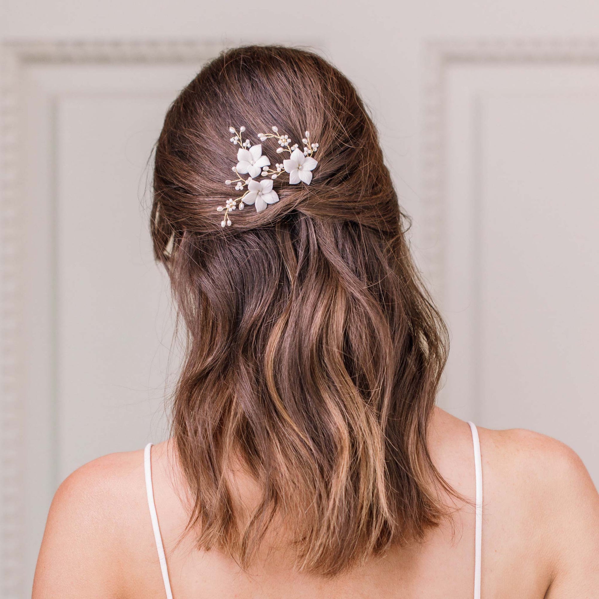 Wedding Hairpin Clay Flower and Pearl Wedding Hair Pin (x3) - 'Esme'