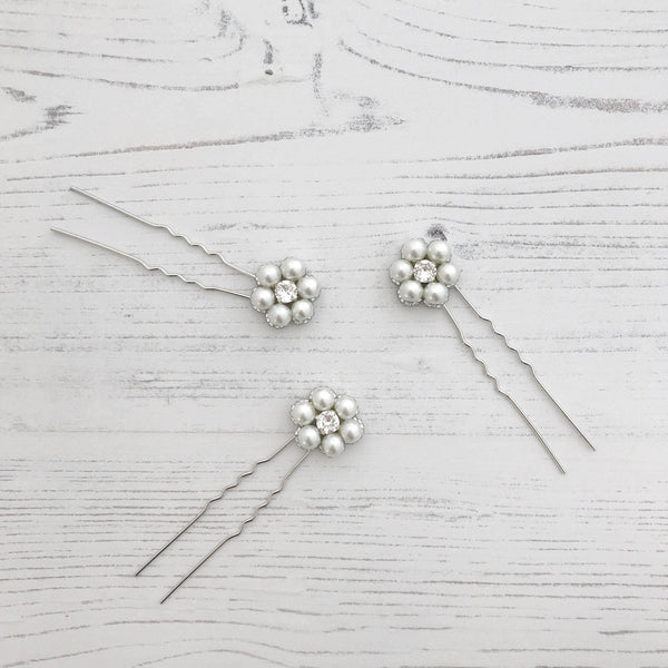 Flower Wedding Hair Pins In Crystal And Pearl X3 Lucie Britten
