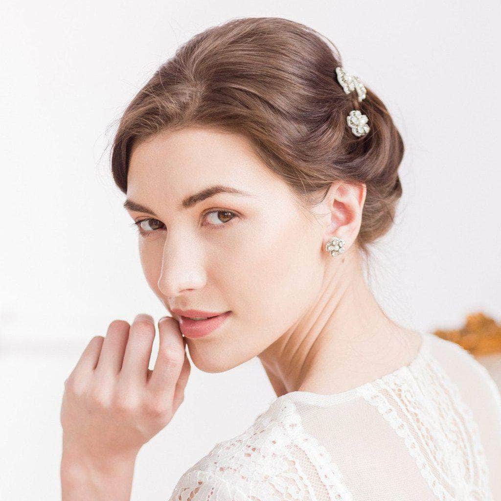 Wedding Hairpin Silver flower wedding hair pins in crystal and pearl (x3) - &#39;Ema&#39;