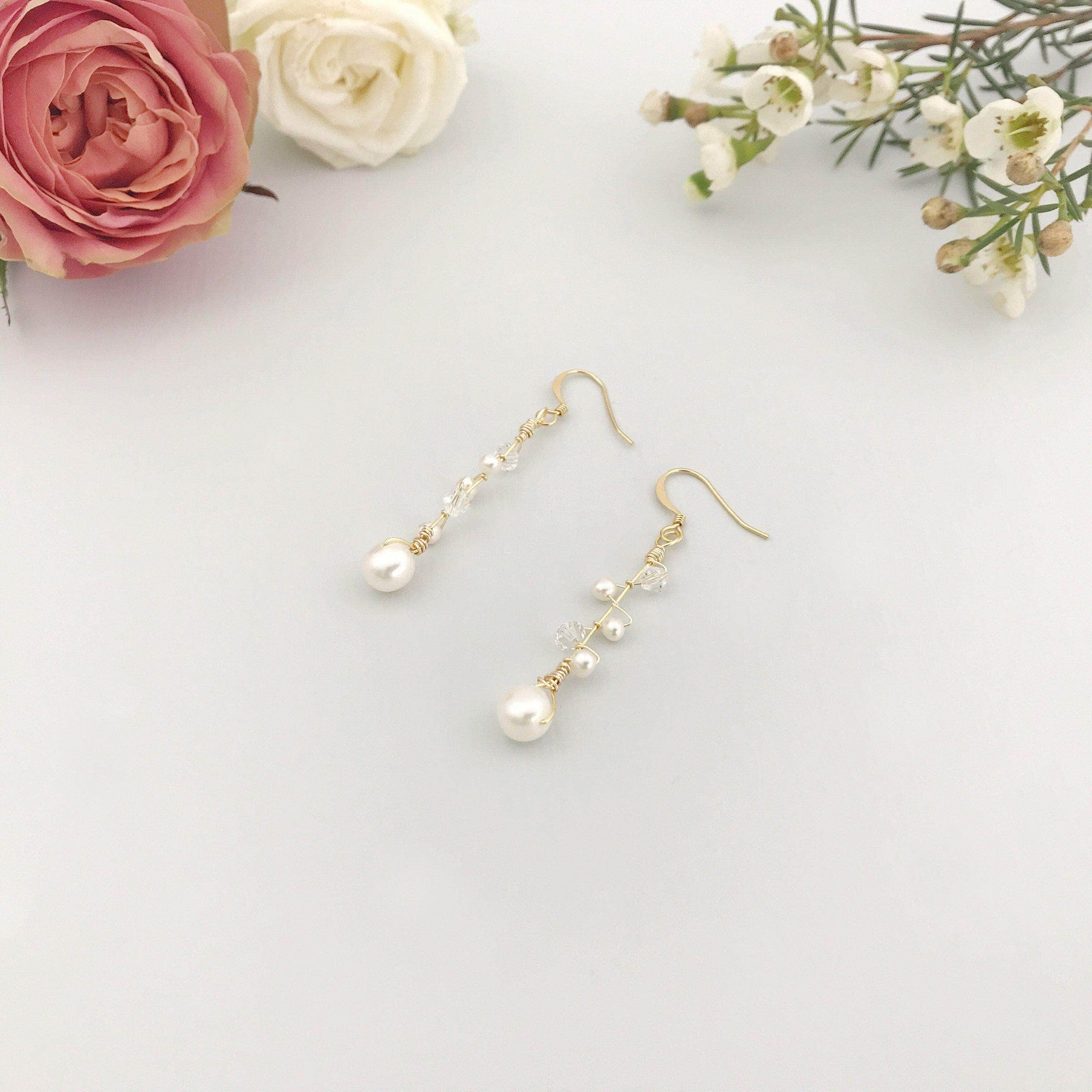 Wedding Earring Gold Gold wedding earrings of crystal and freshwater pearl - 'Addie'