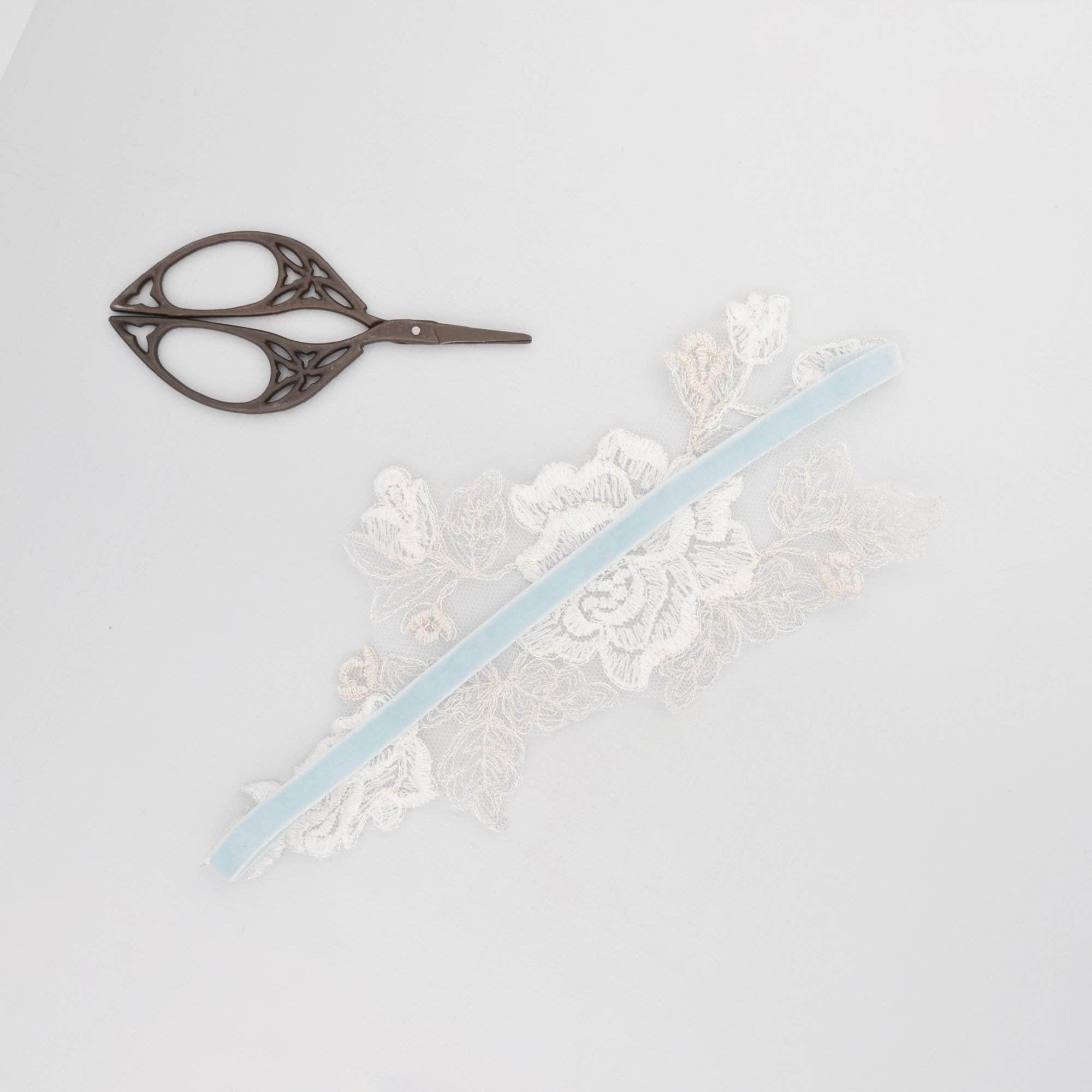 Wedding Garter 'Something blue' silver and ivory lace motif garter - 'Amara'