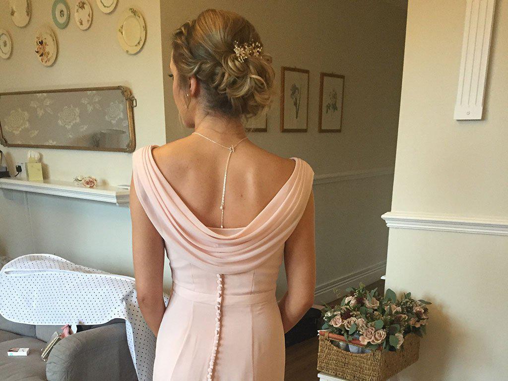 Real Bridesmaid | Blush Pink Cowl-Back Dress | Silver Pearl Back Drop Lariat Charlotte