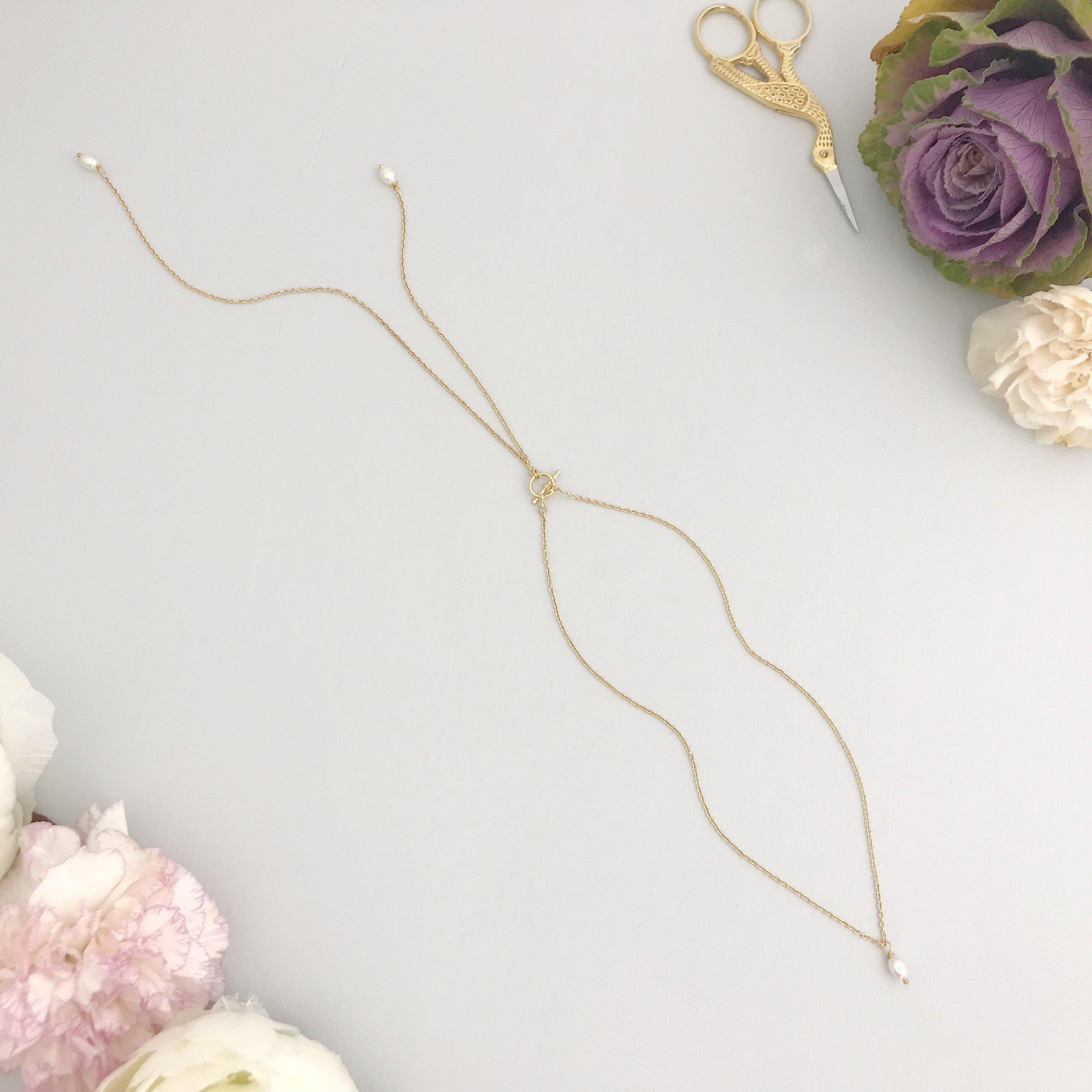 Our New Gold Pearl Back Drop Necklace Lariat for Wedding - 'Charlotte'