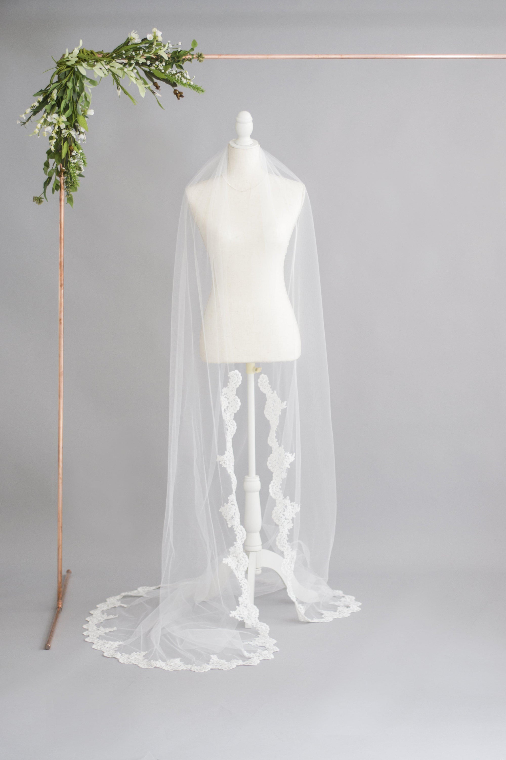 Our New Semi Edged Wedding Veil with Lace Starting Around Wrists - Emma