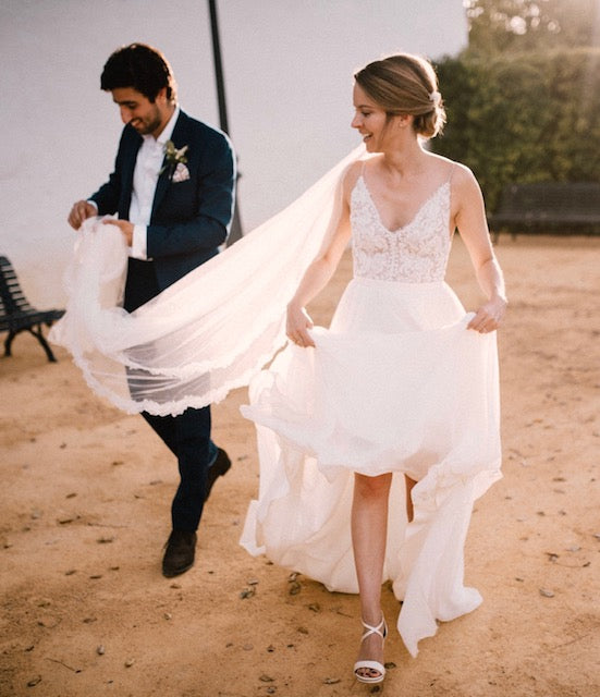 Real Bride | Truvelle Dress | Bespoke silk style Barely There veil with Delicate Leaf Lace
