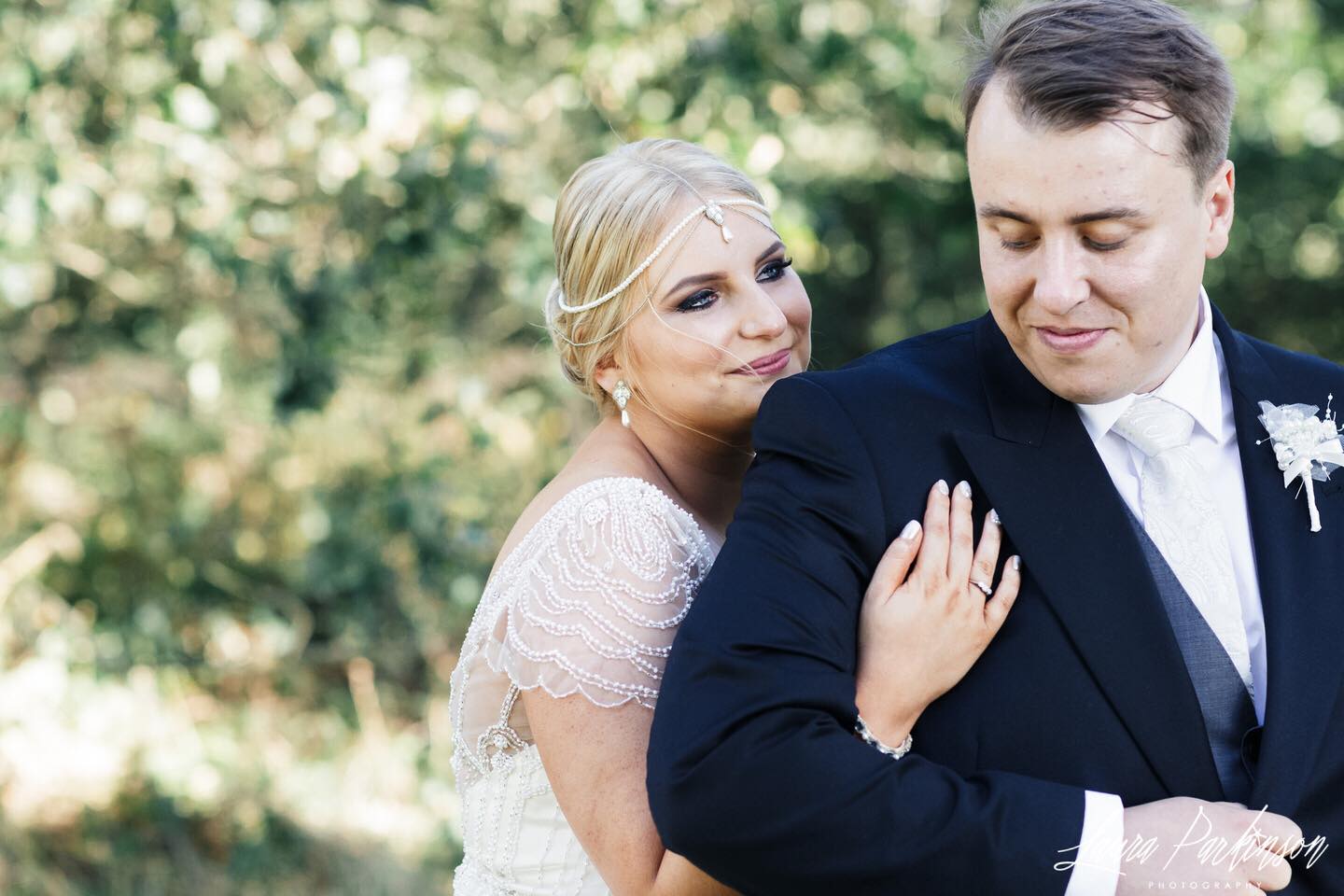 Real Bride | Maggie Sottero Gown | Pearl and Gold Bridal Head Chain River | Wedding Drop Earrings Gold, Pearl & Crystal Clem | Pearl and Crystal Wedding Cuff Fleur