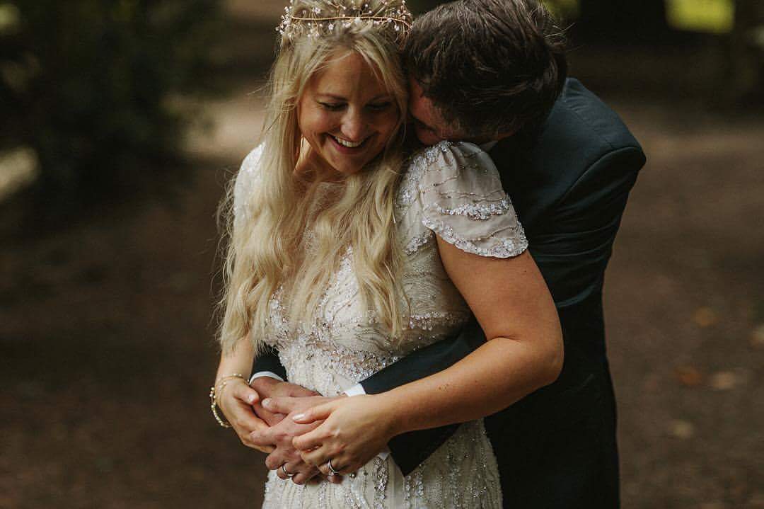 Real Bride | Beaded Jenny Packham Dress | Gold and Freshwater Pearl Vine Avery