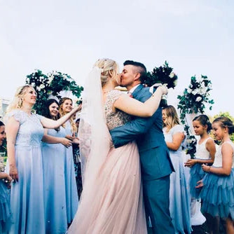 Real bride | Blush Pink Beaded Lace Gown | Blush Pink Single Tier Cut Edge Veil, Ariana