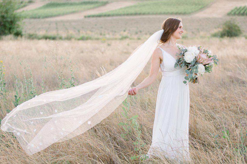 Real Bride | Shareen Dress | Hand Cut Silk Flower Wedding Veil