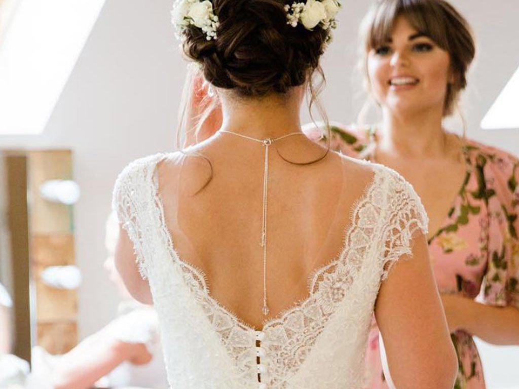 Real Bride | Sassi Holford Dress | Crystal Back Drop Necklace Cleo