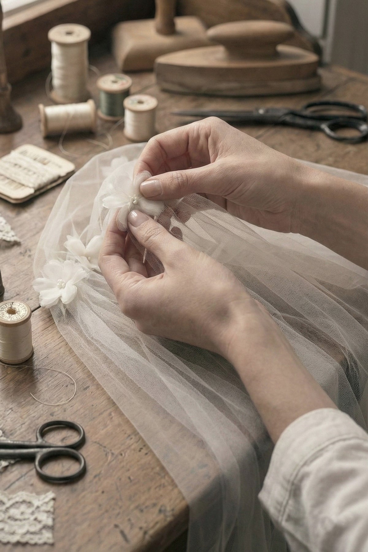 Making a silk-style tulle and pearl flower finish on Juliet cap veil