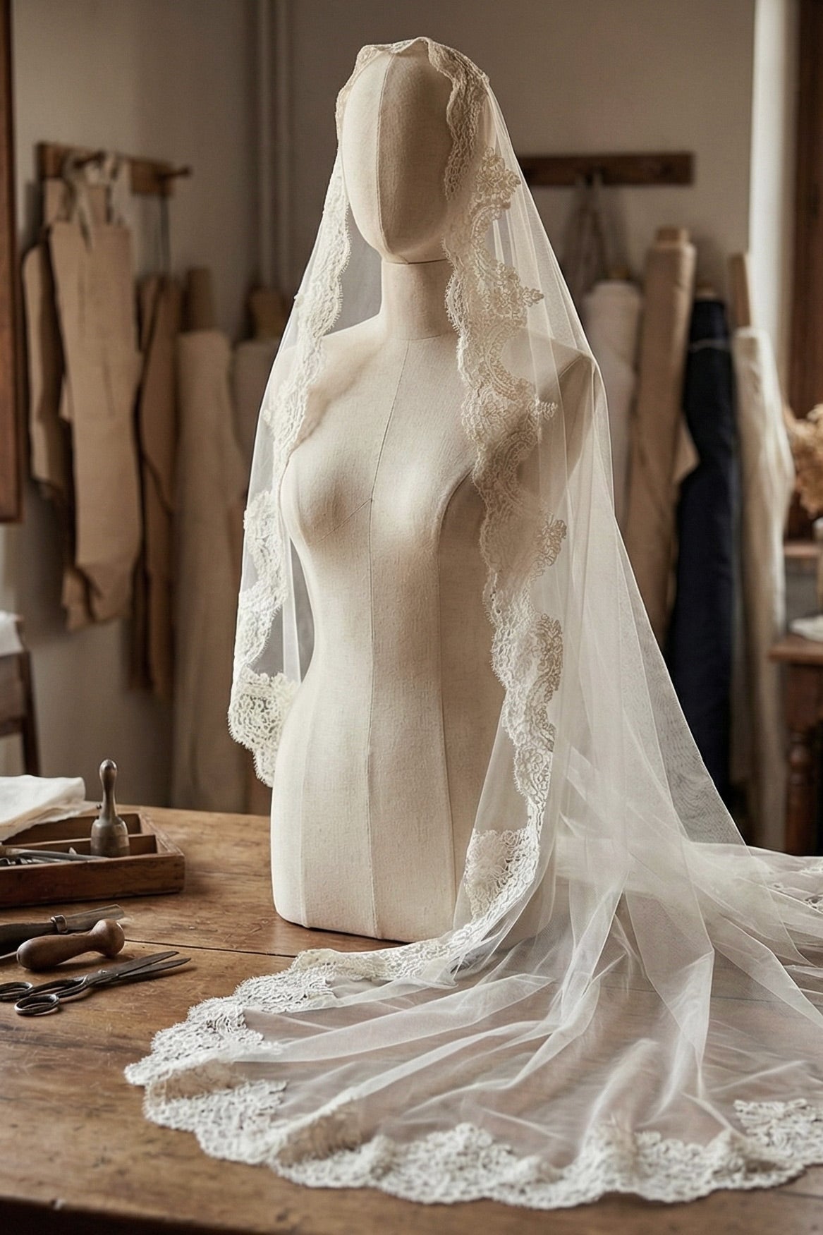 mantilla wedding veil on a mannequin