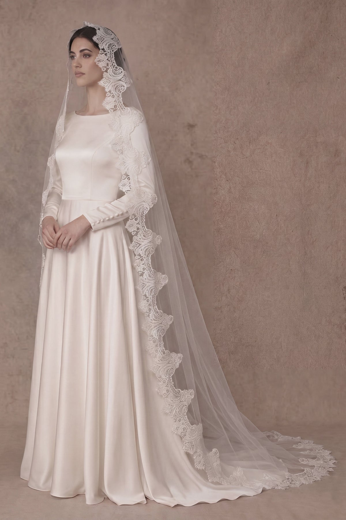 French lace mantilla wedding veil in church length handmade with Italian tulle