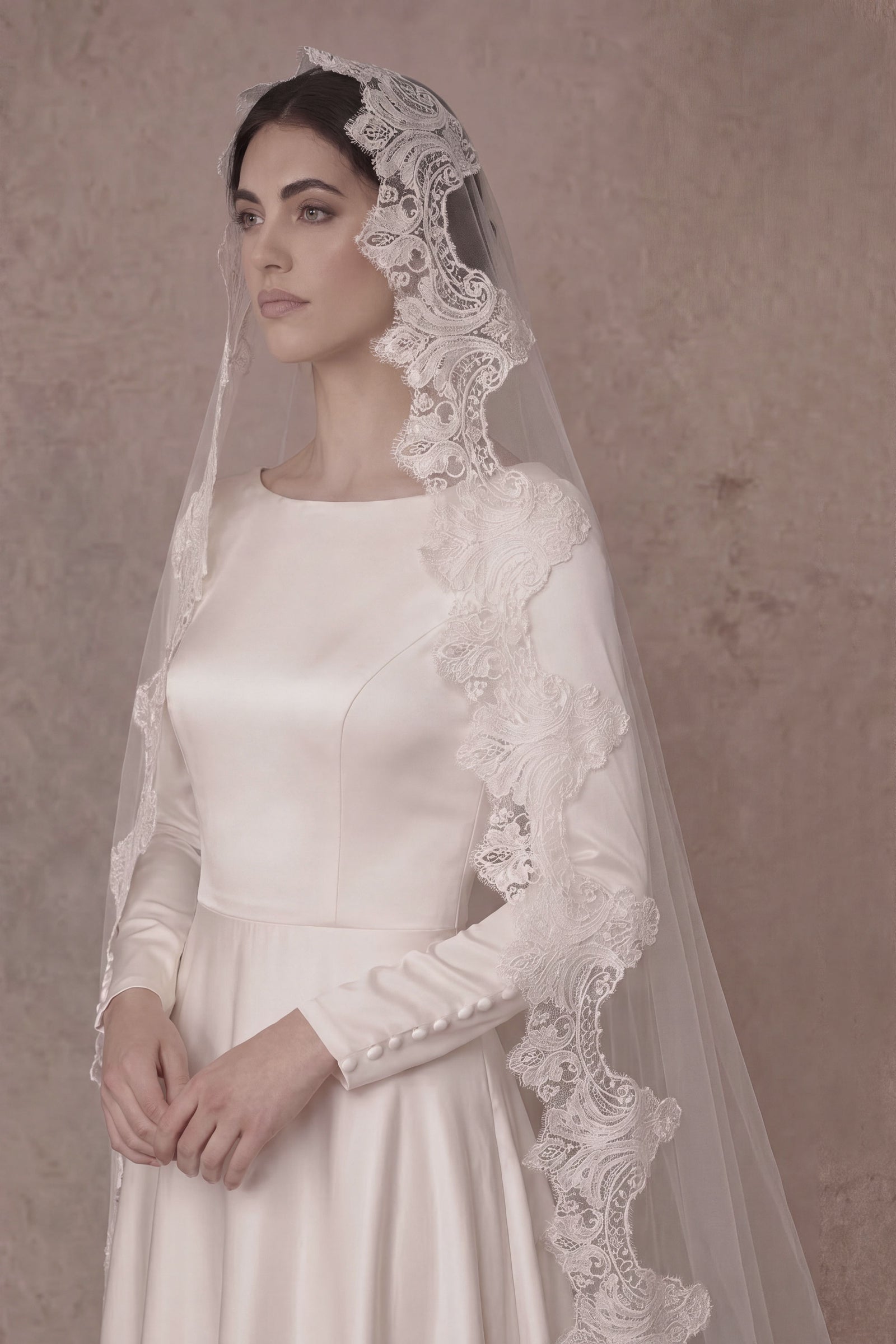 French lace mantilla wedding veil handmade with Italian tulle