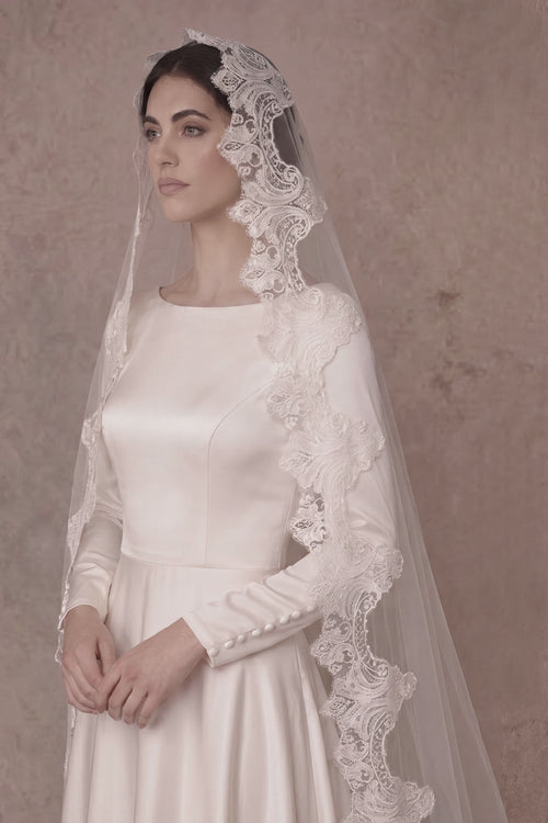 French lace mantilla wedding veil handmade with Italian tulle