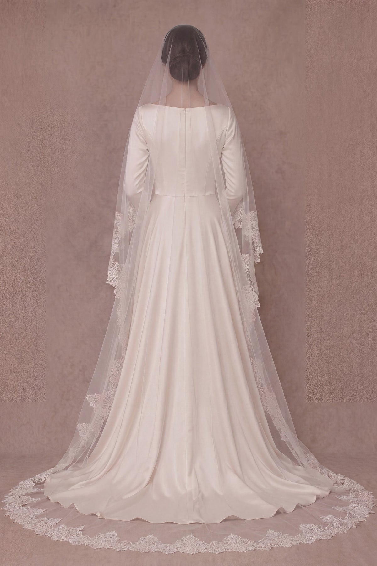 French Lace Two-Tier Drop Wedding Veil with Blusher — 'Maeve'