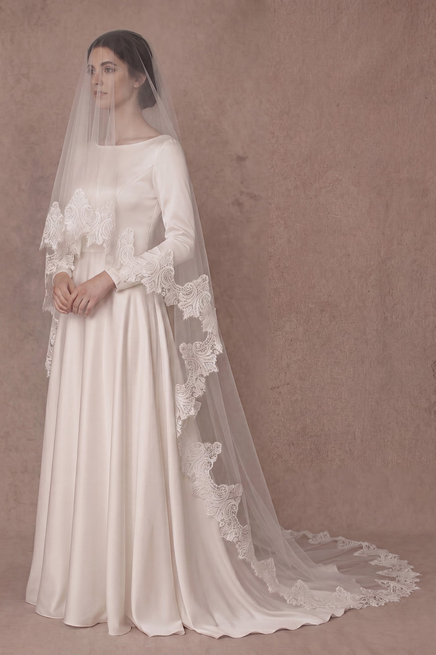 French Lace Two-Tier Drop Wedding Veil with Blusher — 'Maeve'