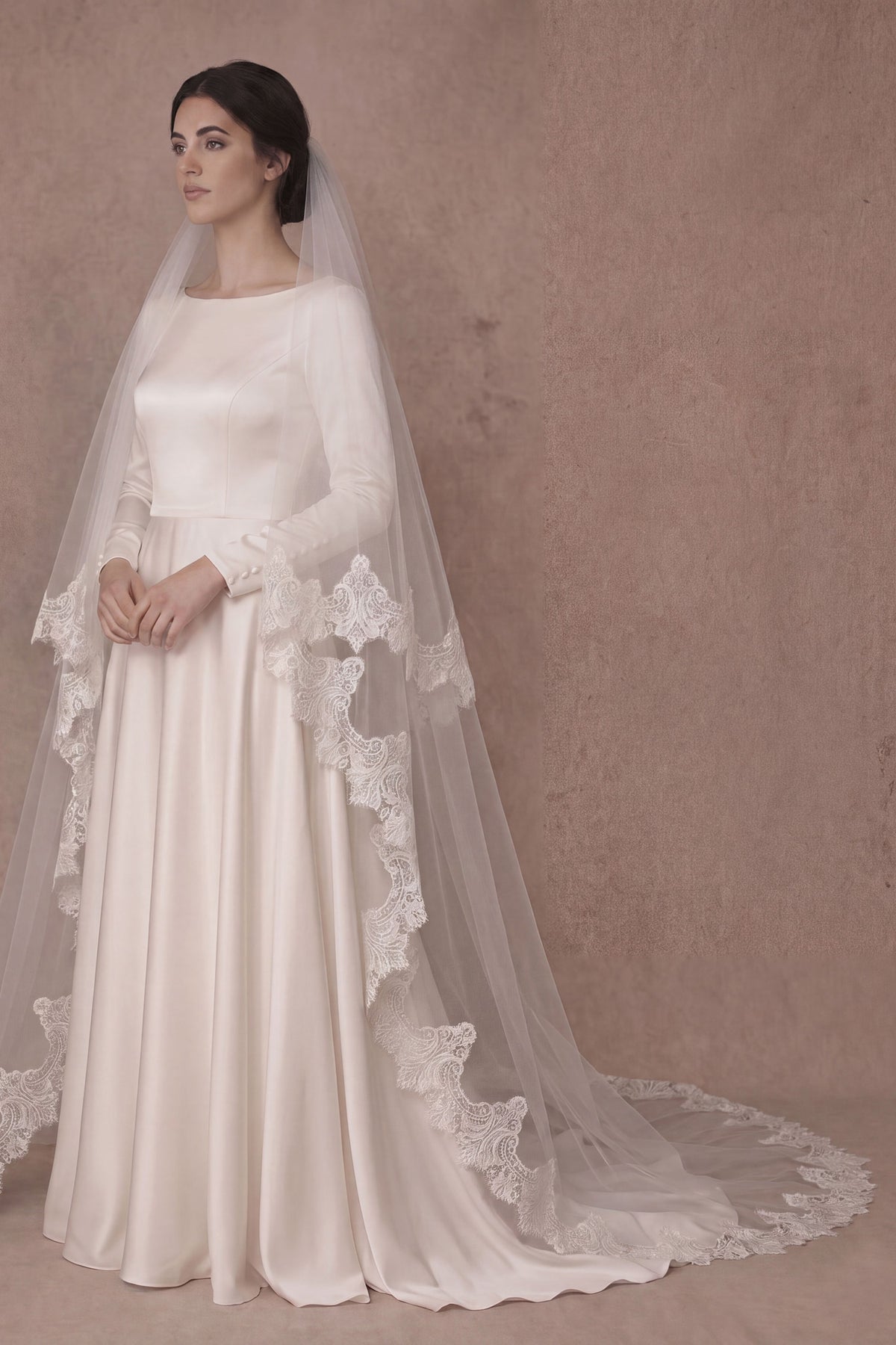 French Lace Two-Tier Drop Wedding Veil with Blusher — 'Maeve'
