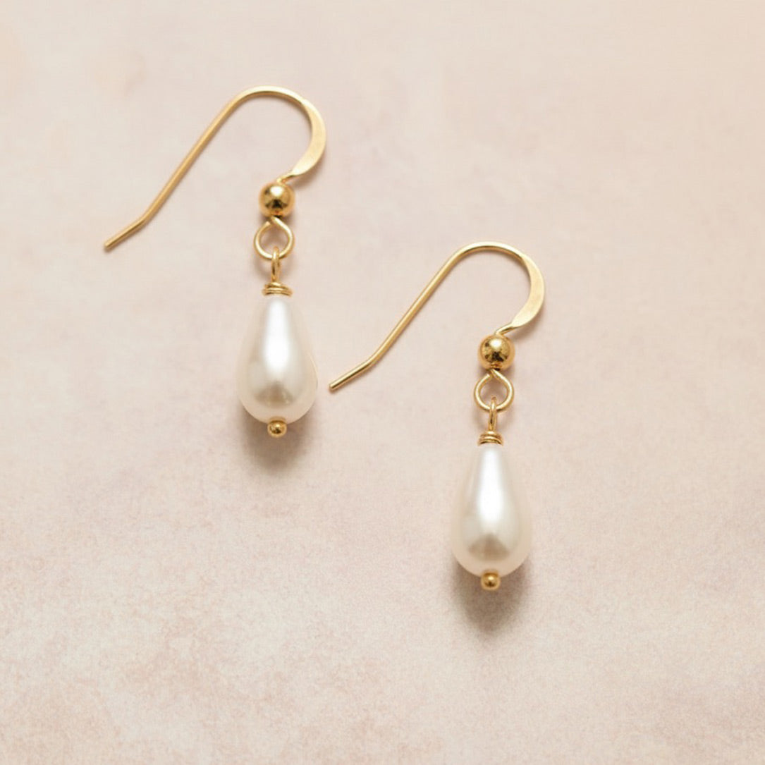 Gold filled drop earrings with teardrop glass pearls by Britten Weddings