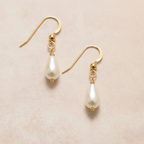 Gold filled drop earrings with teardrop glass pearls by Britten Weddings