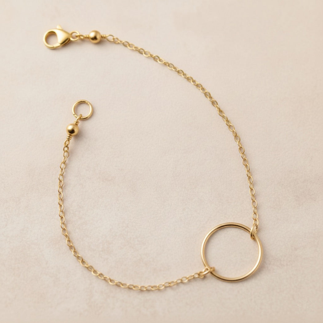 Dainty gold open circle bracelet with delicate chain, handmade in the UK