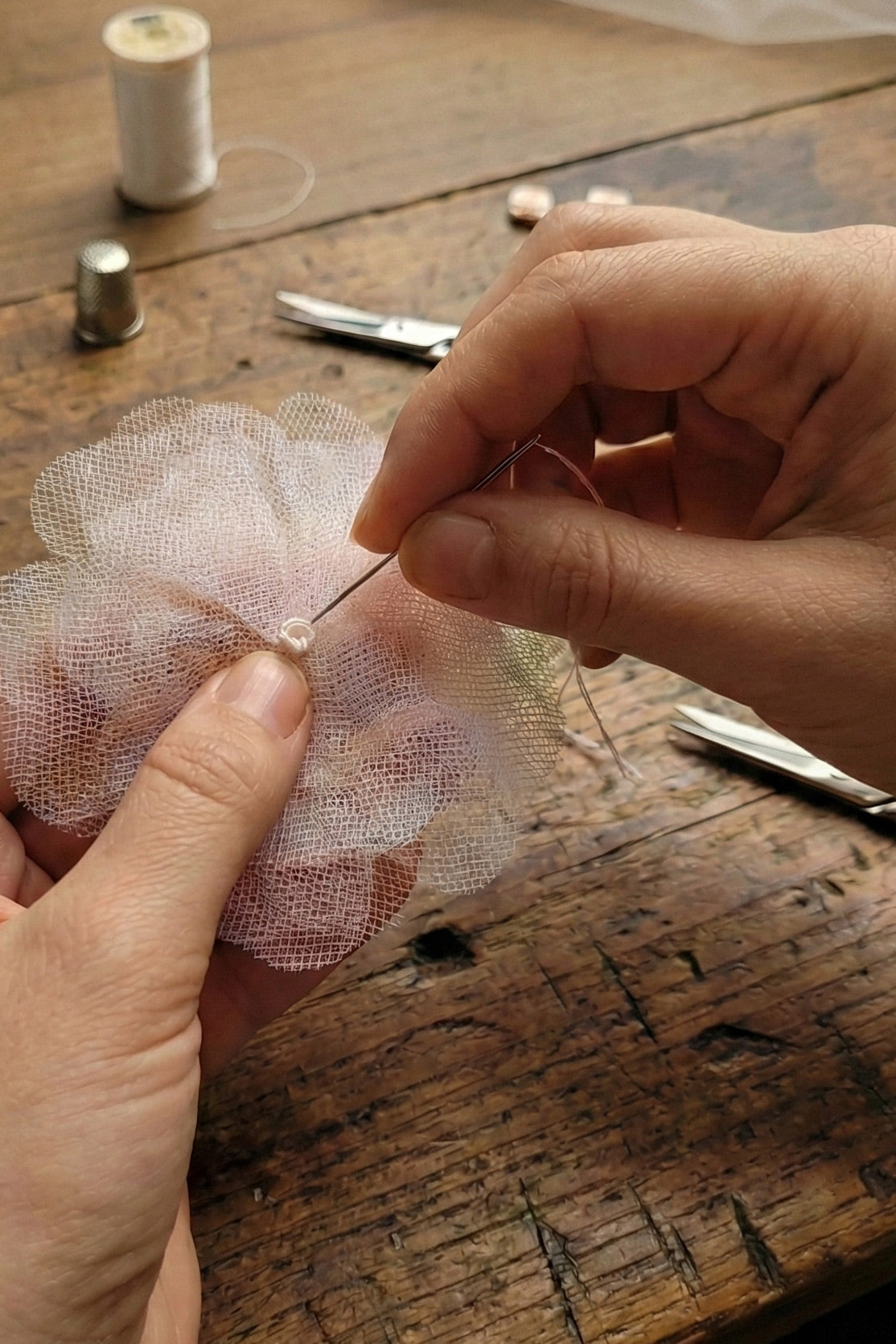 Handcrafted Tulle Flower Veil with Handmade Flowers- Petal Drift