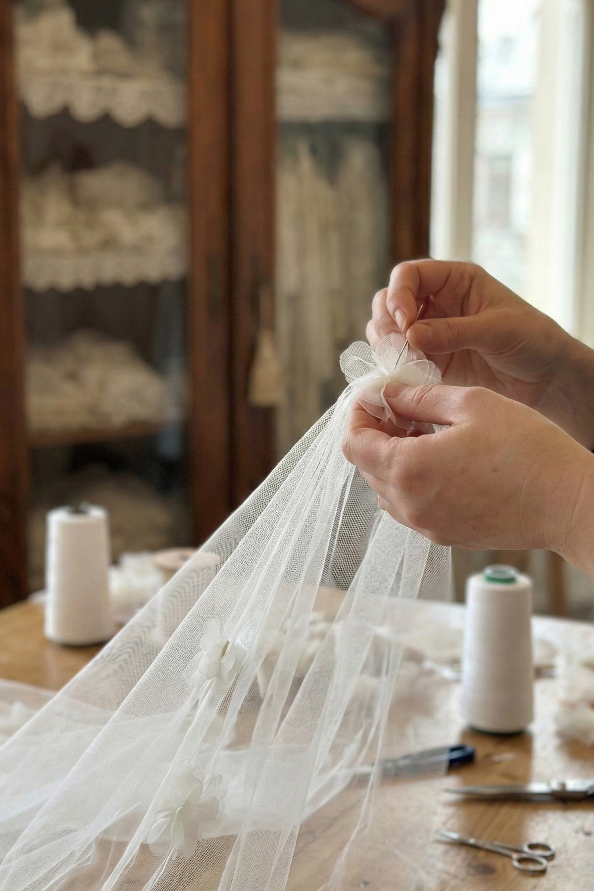 Handcrafted Tulle Flower Veil with Handmade Flowers- Petal Drift