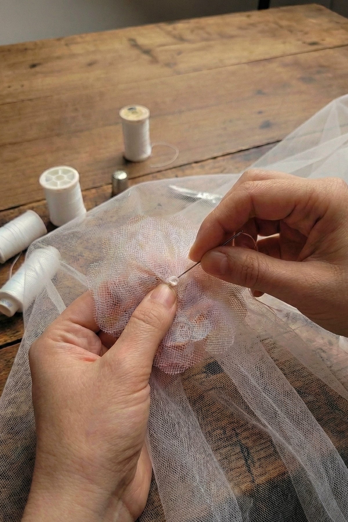 Handcrafted Tulle Flower Veil with Handmade Flowers- Petal Drift