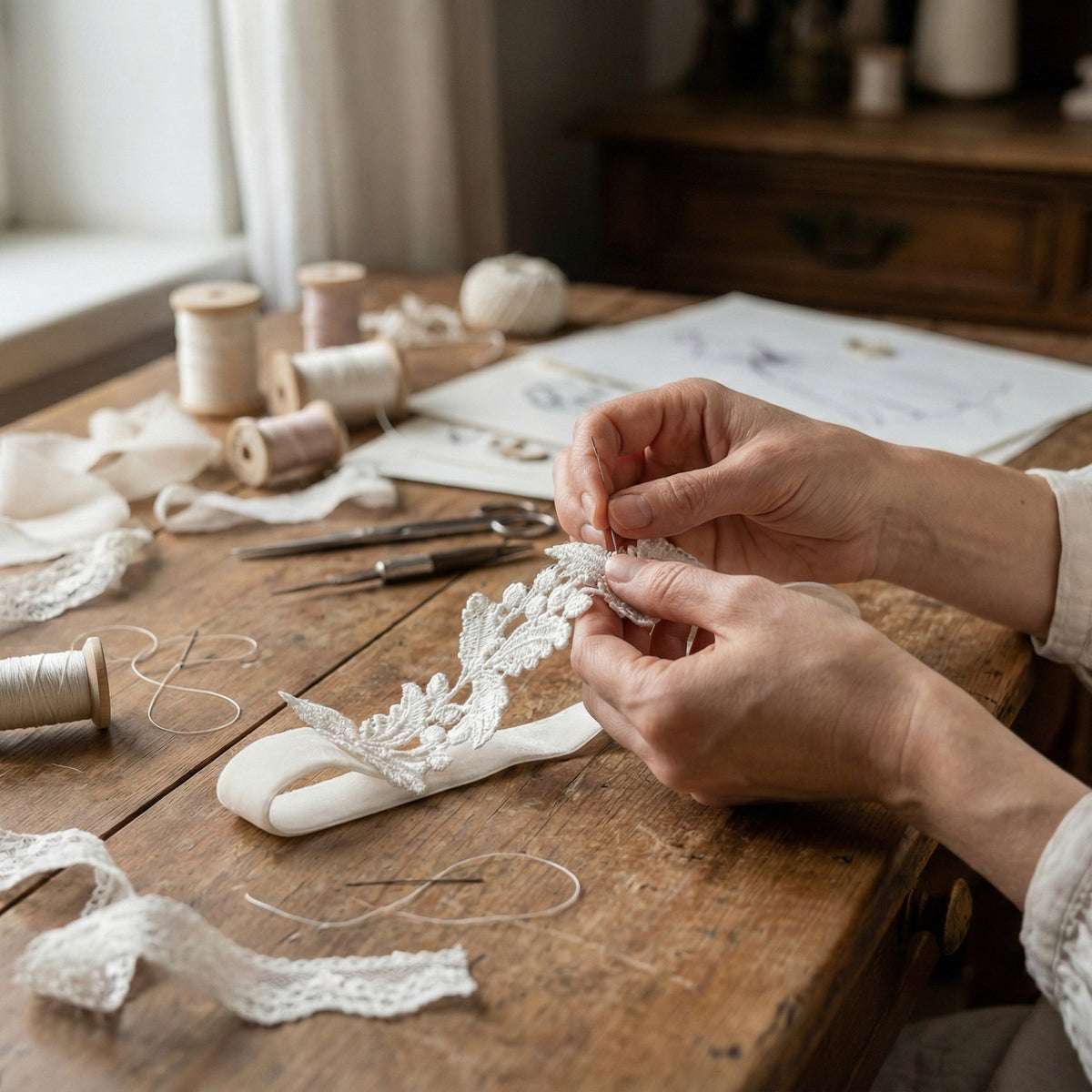 Person working with lace on a wooden table with sewing tools.