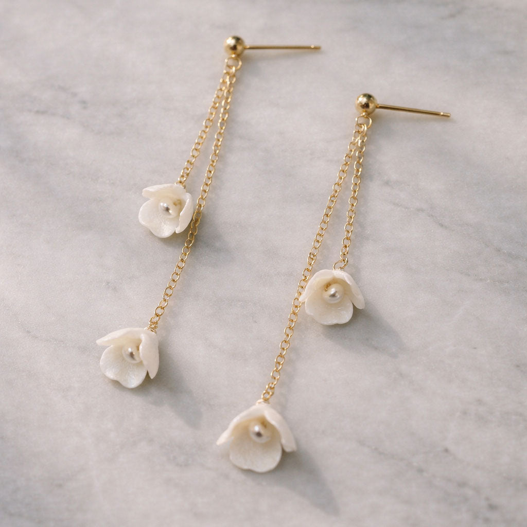 Ivory clay flower pearl drop earrings with gold filled chain