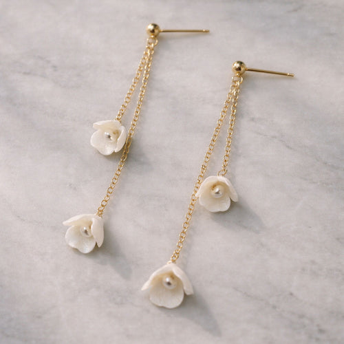 Ivory clay flower pearl drop earrings with gold filled chain