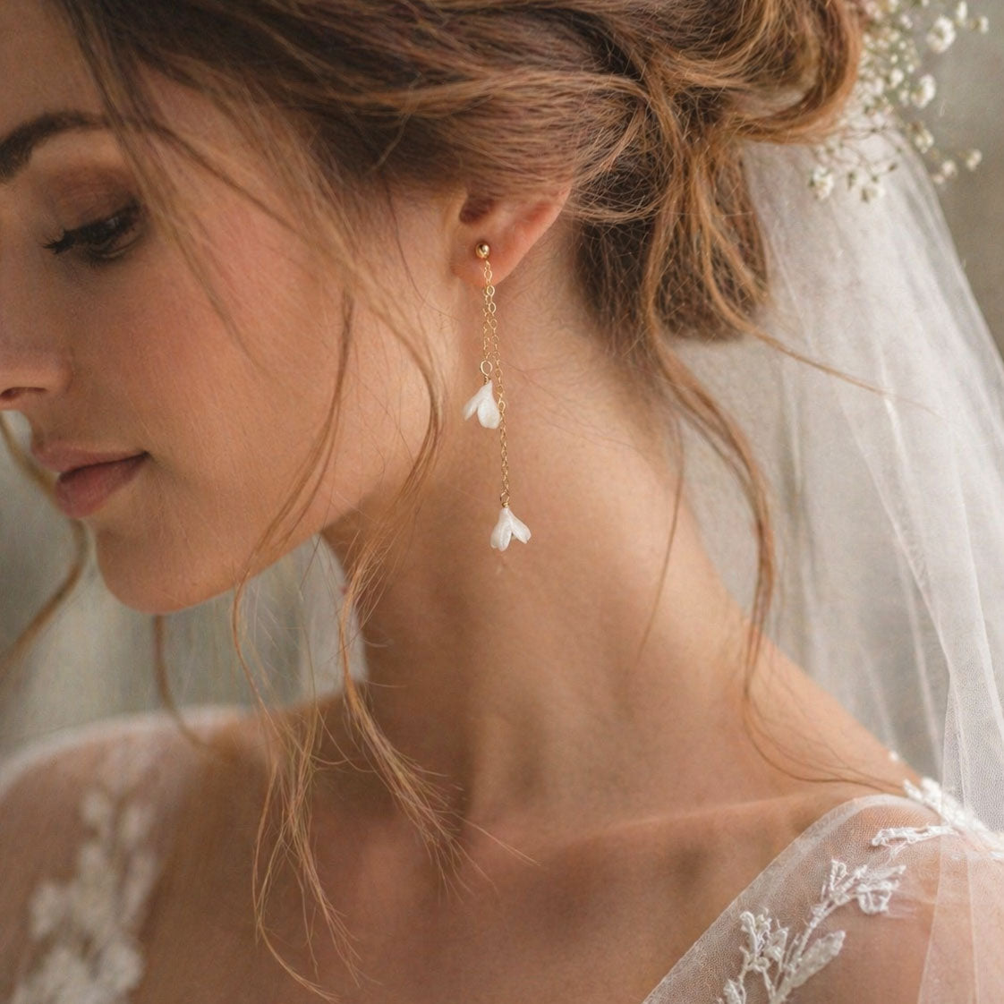 Ivory clay flower pearl drop earrings with gold filled chain