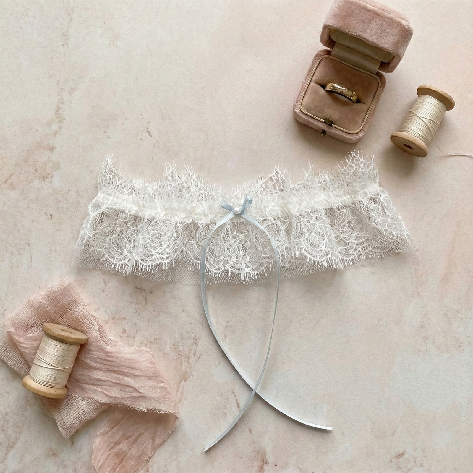 French eyelash lace wedding garter with something blue bow - 'Sara' French eyelash lace wedding garter with something blue bow - 'Sara'