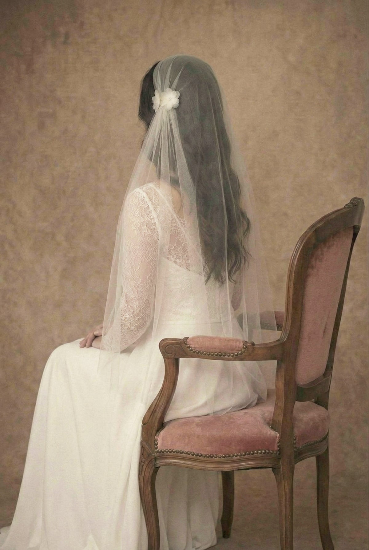 Back view of the Elowen Juliet cap veil in silk-style tulle with delicate pearl flower detail