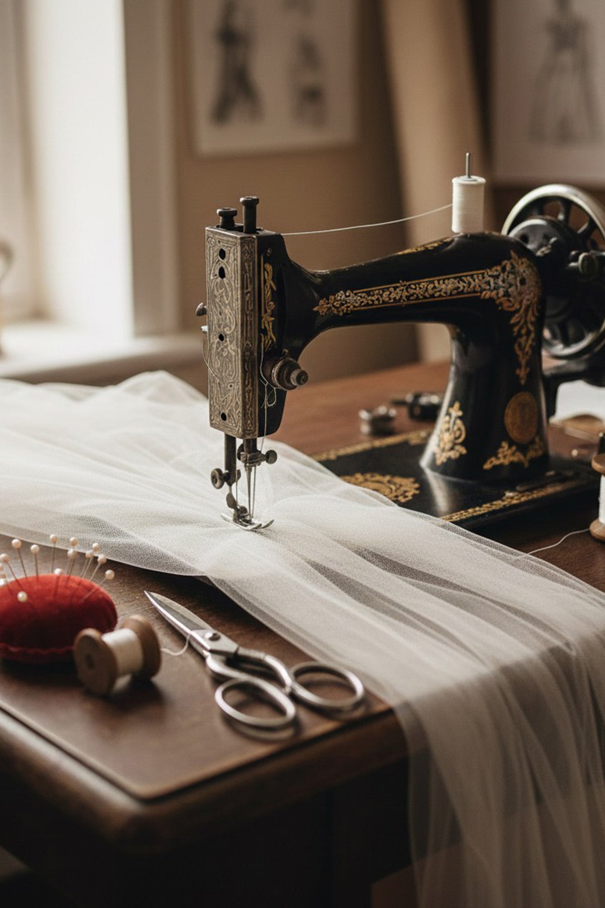 Vintage sewing machine with fabric and tools on a wooden table