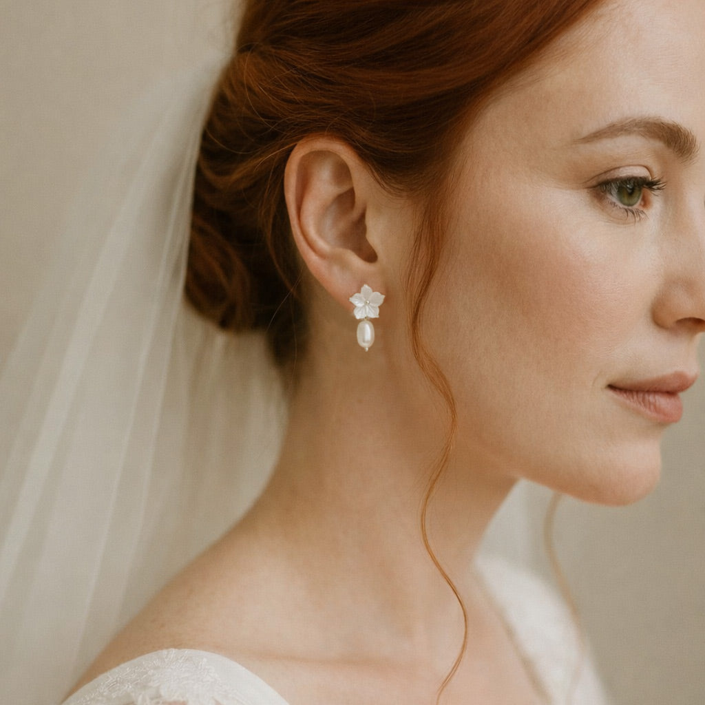 Mother of Pearl Flower & Pearl Drop Earrings- 'Aurelia'