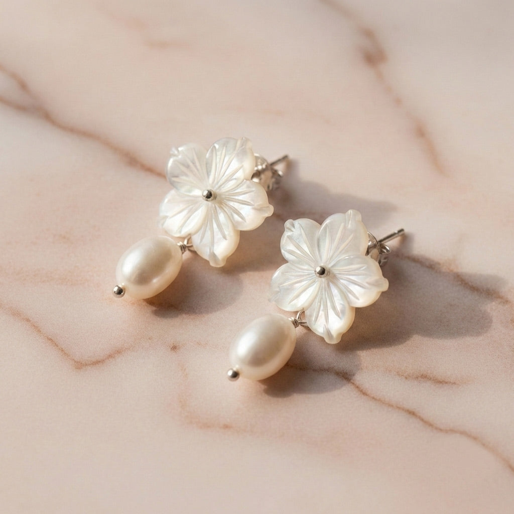 Mother of Pearl Flower & Pearl Drop Earrings- 'Aurelia'
