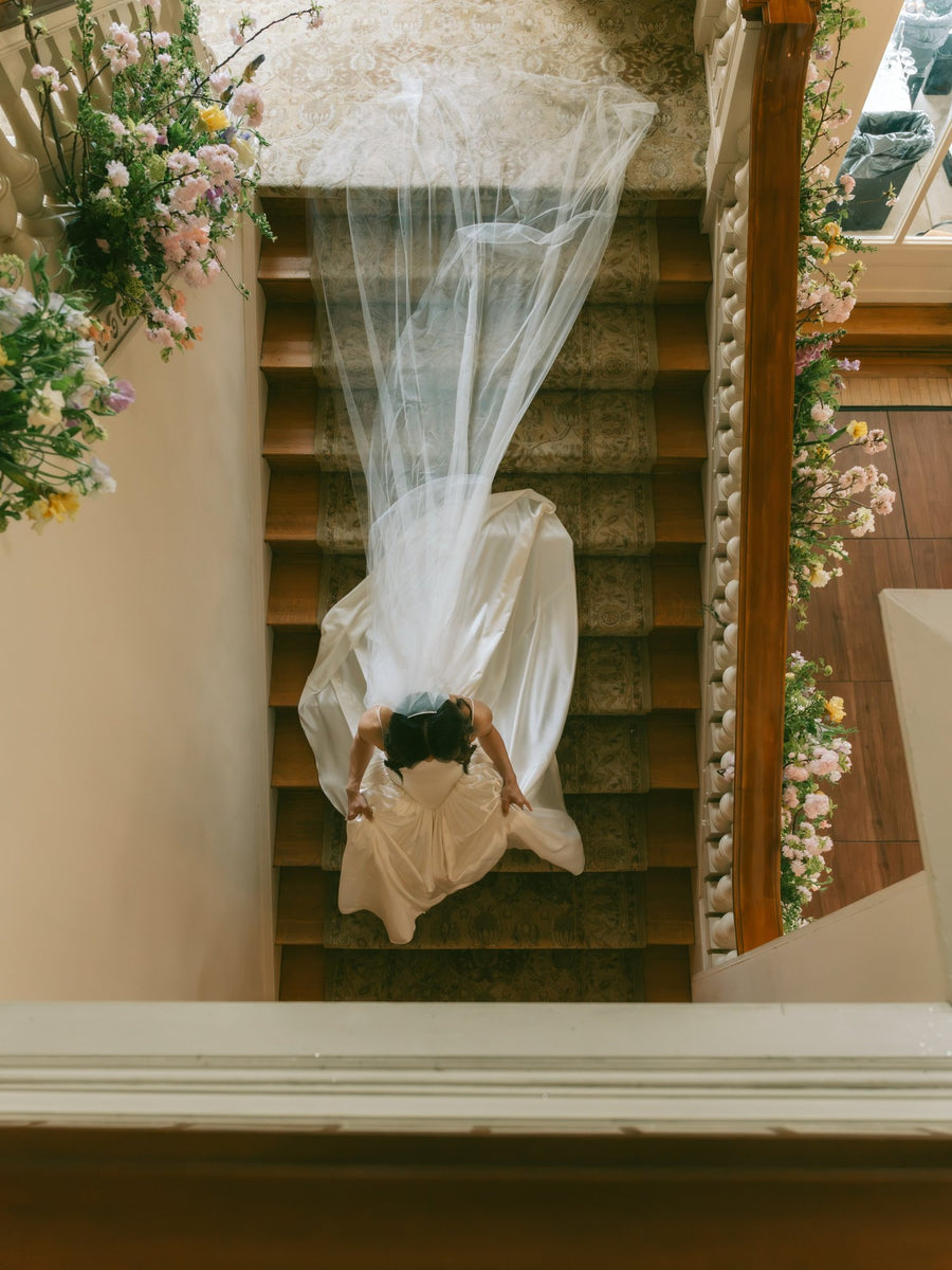 Amy from above on a staircase, her cathedral-length Eleanor veil spread out behind her ballgown