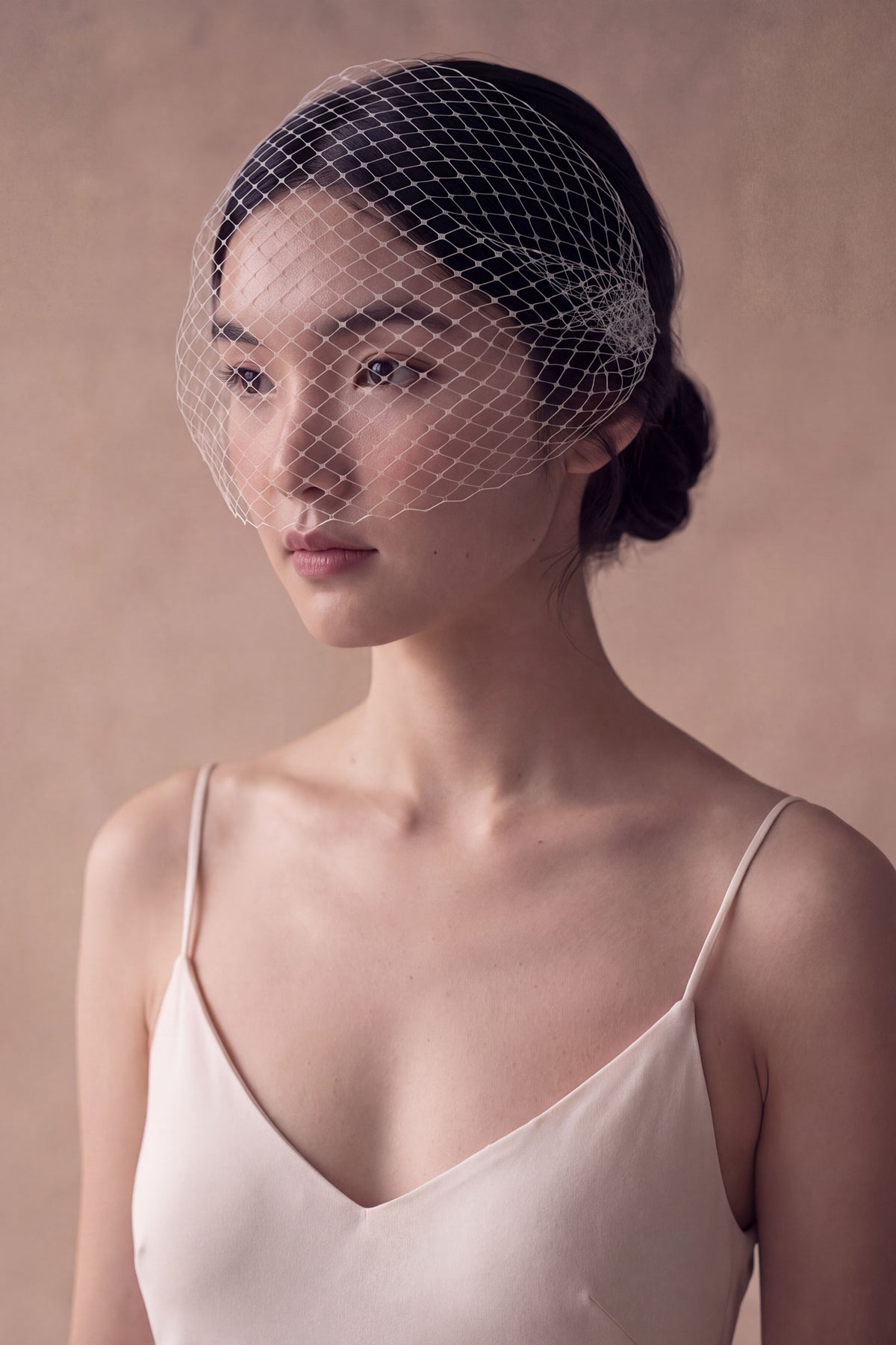 Front view of the Iris birdcage veil in fine Russian net, framing the face of a bride
