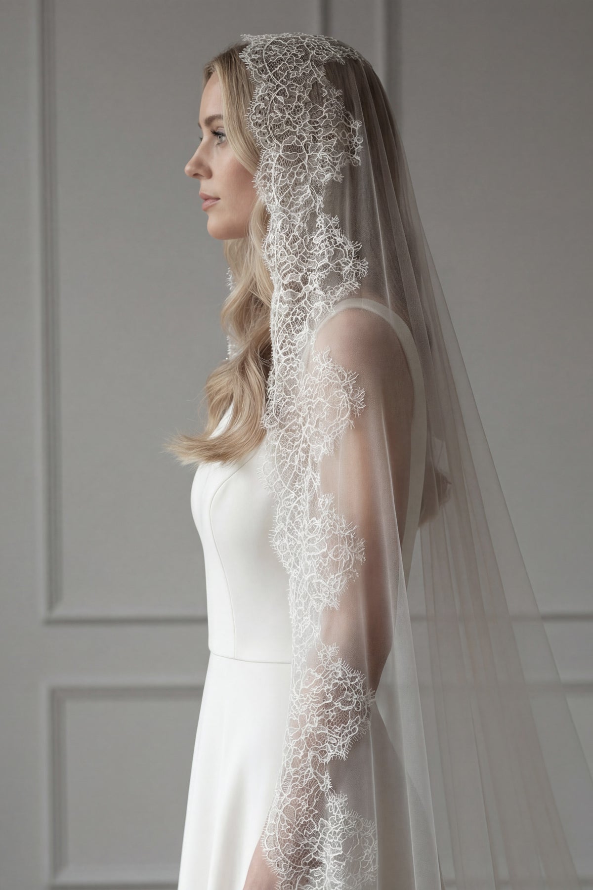spanish mantilla wedding veil on bride