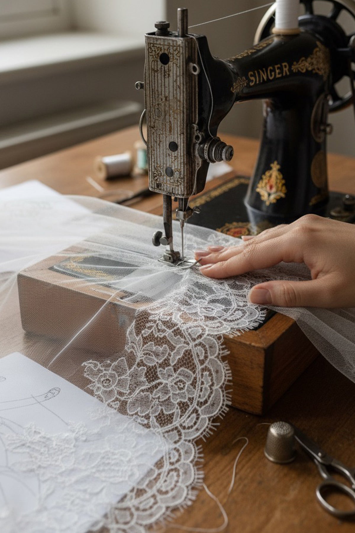 Mantilla veil with sewing machine