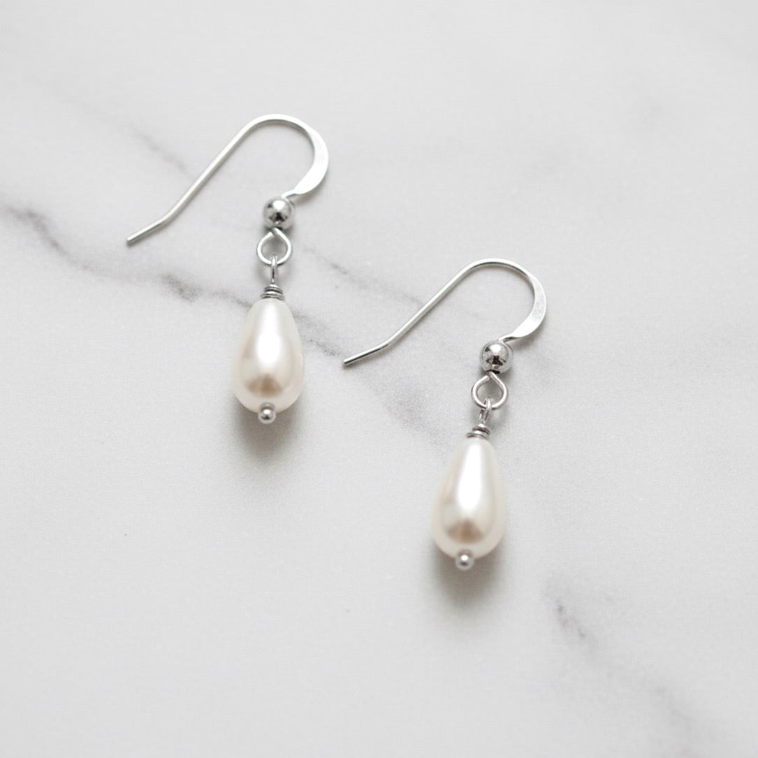 Sterling silver pearl drop earrings with teardrop glass pearls by Britten Weddings