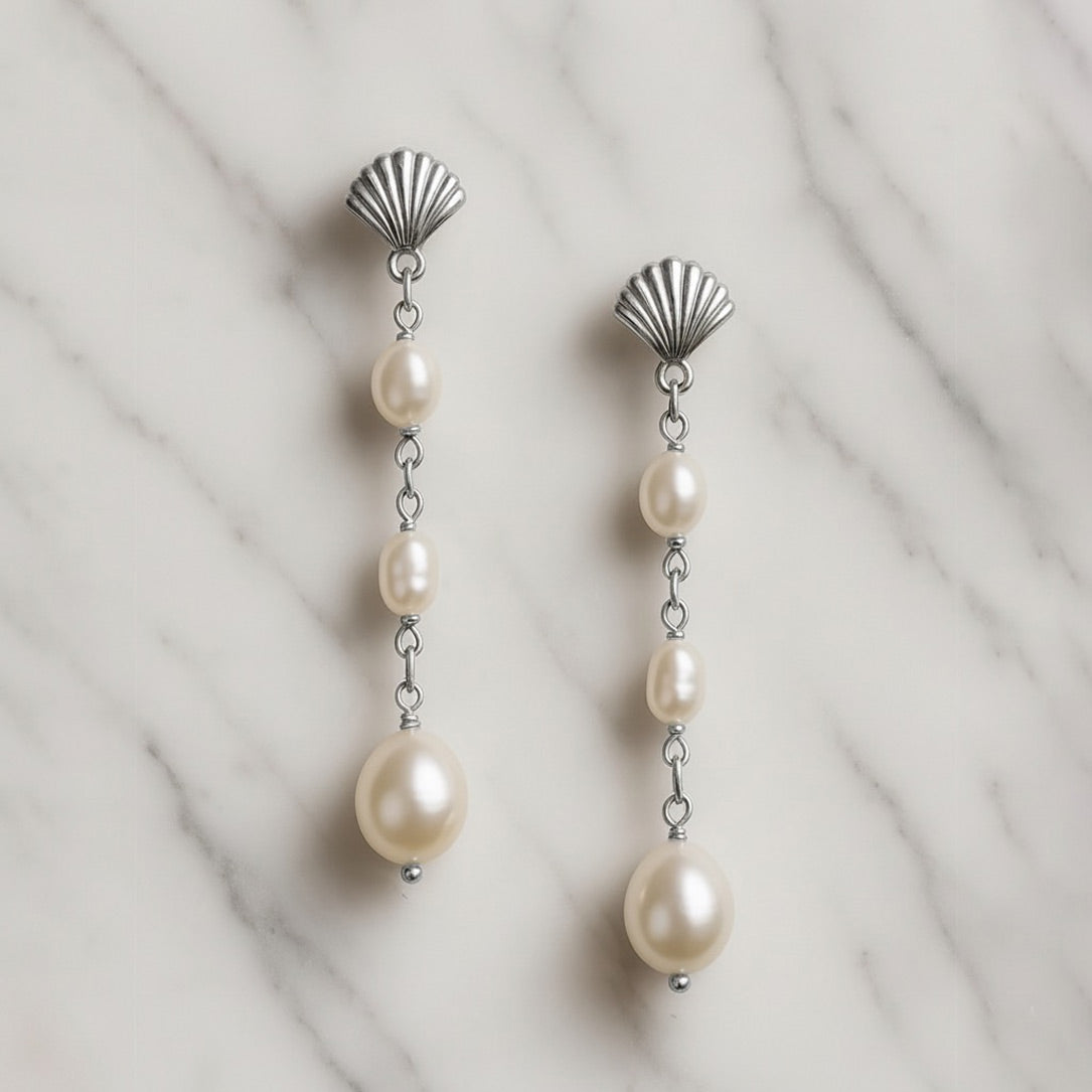 Fan Pearl Drop Earrings | Handmade Bridal Earrings with Freshwater Pearls- Lucille