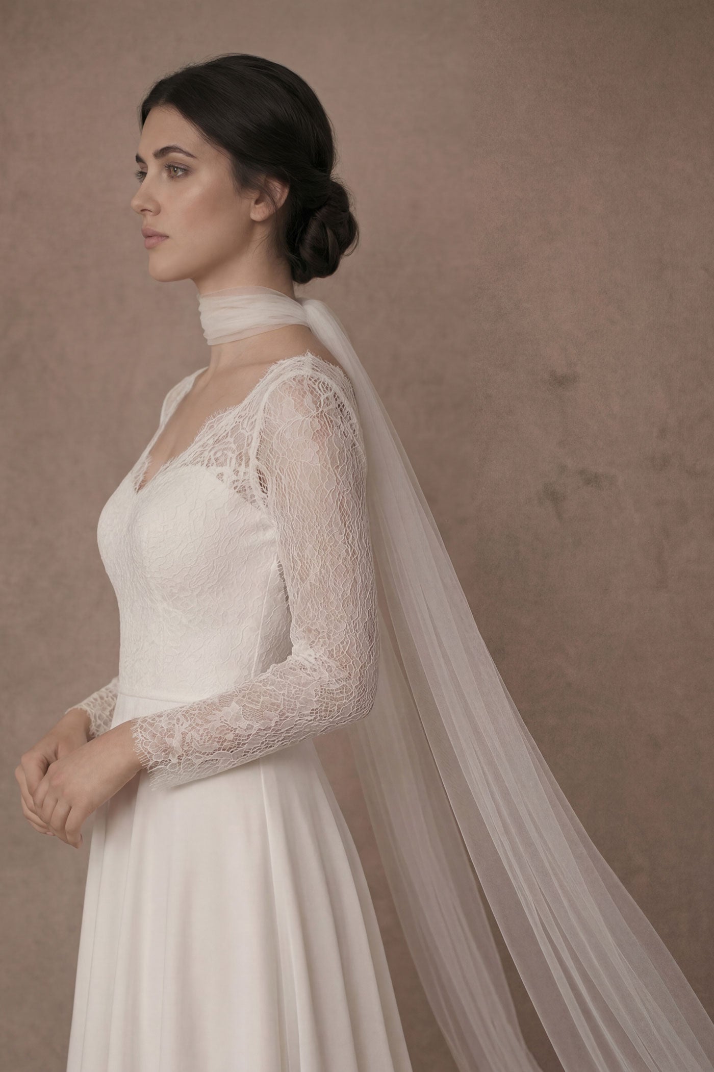 long tulle bridal scarf veil worn around neck soft drape