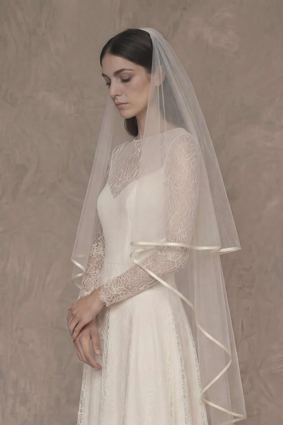 Two tier wedding veil with ivory ribbon edge, soft tulle bridal veil with blusher
