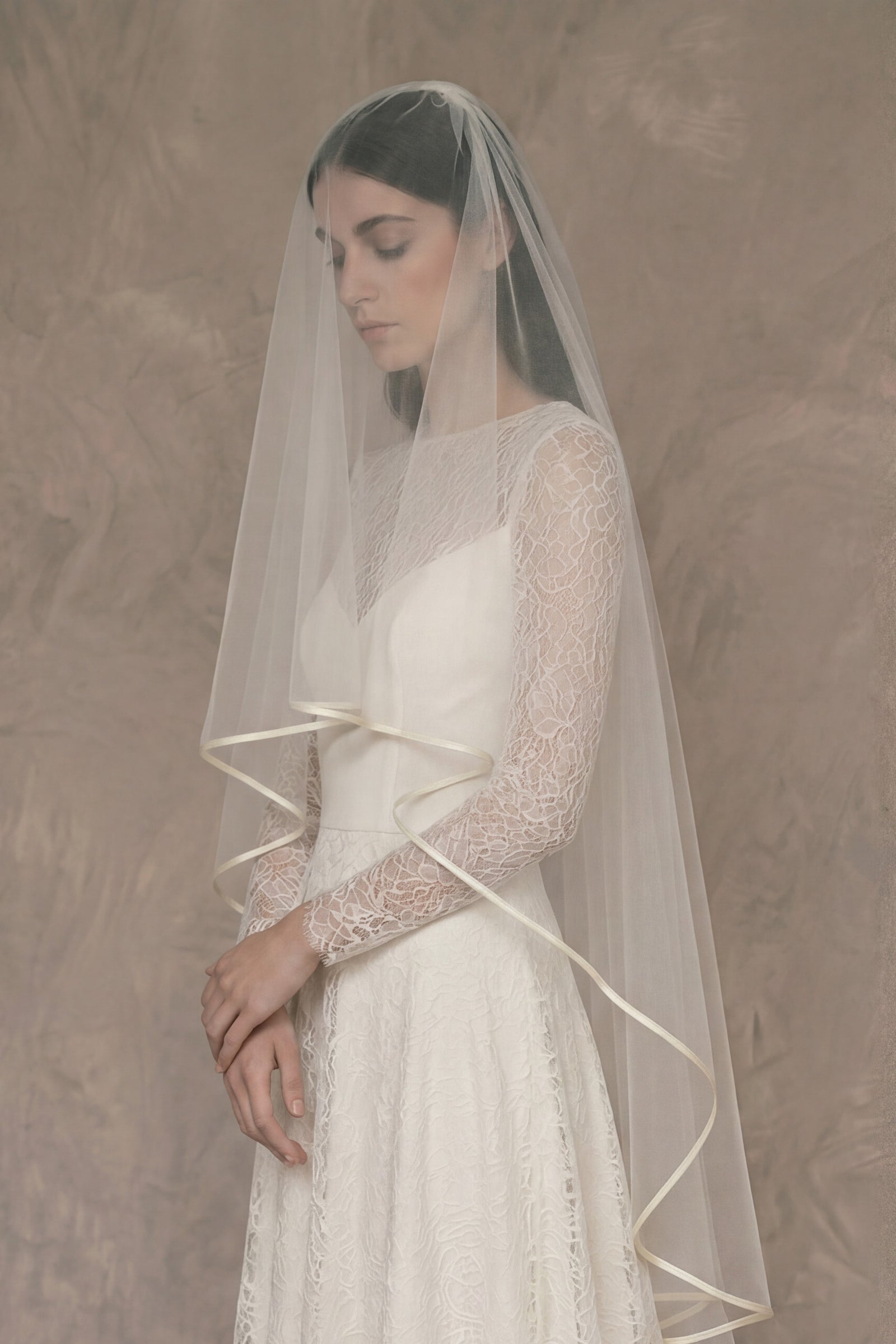 Two tier wedding veil with ivory ribbon edge, soft tulle bridal veil with blusher