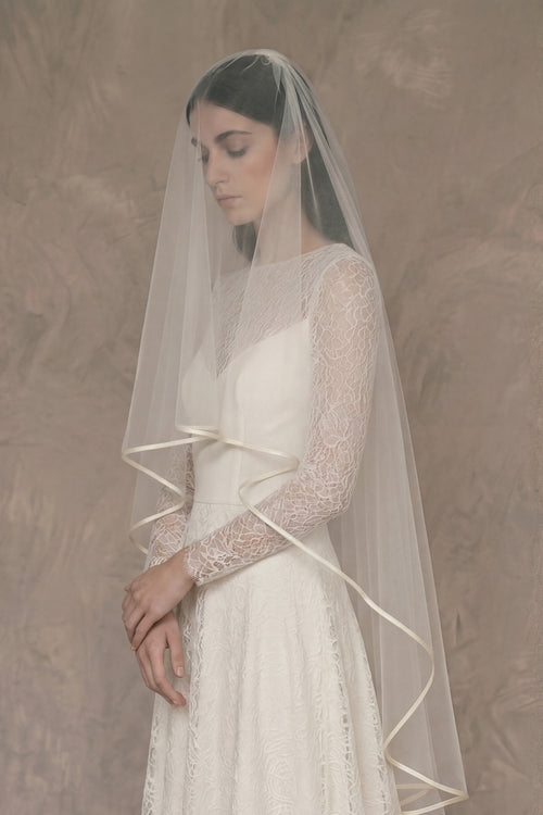 Two tier wedding veil with ivory ribbon edge, soft tulle bridal veil with blusher