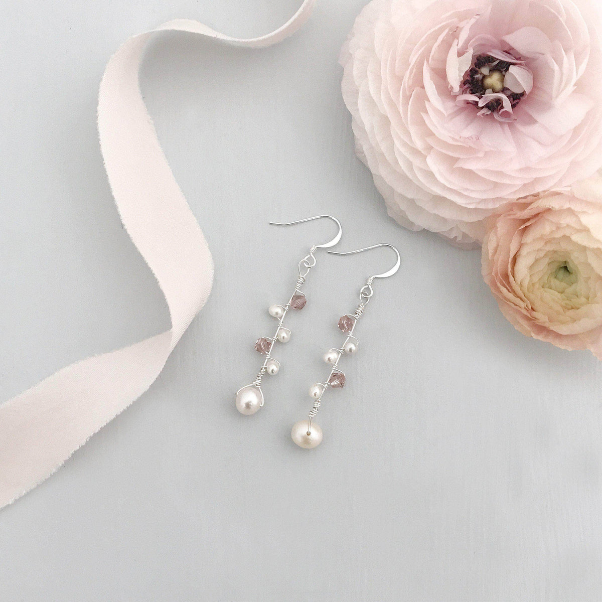 Wedding Earring Silverblush Silver wedding earrings of blush crystal and freshwater pearl - &#39;Addie&#39;
