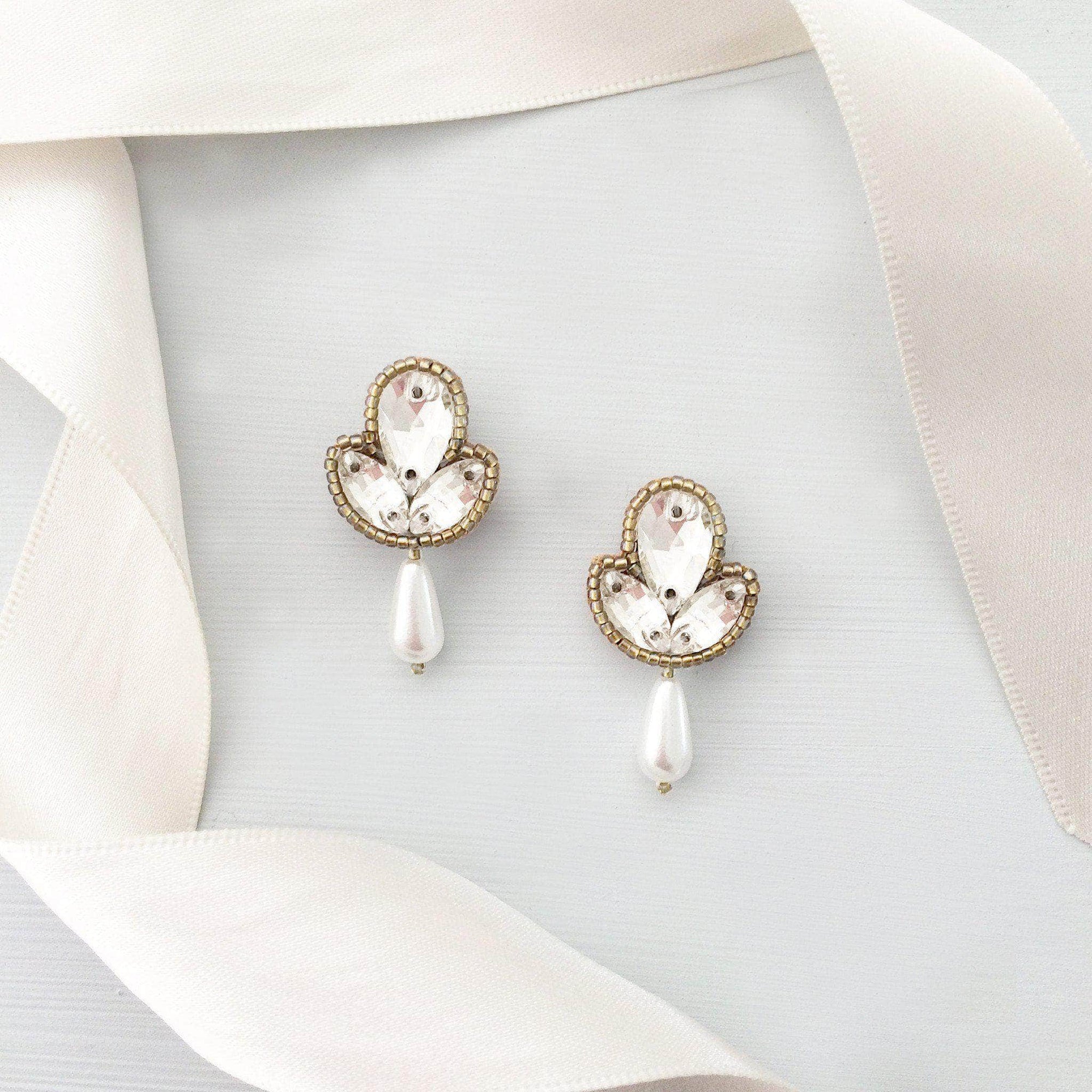 Wedding Earring Gold Wedding drop earrings gold, pearl & crystal - 'Belle'